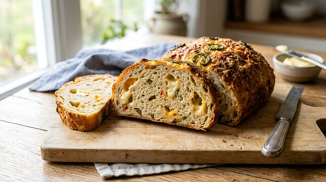 A sliced loaf of crusty jalape&ntilde;o cheddar bread on a rustic wooden cutting board