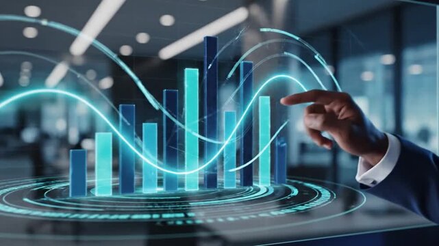 Businessman manipulating glowing holographic financial bar charts on a digital interface during an innovative corporate data analytics motion video clip