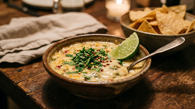 Bowl of hot melted cheese dip topped with fresh cilantro and red pepper flakes served with corn tortilla chips on a rustic wooden table