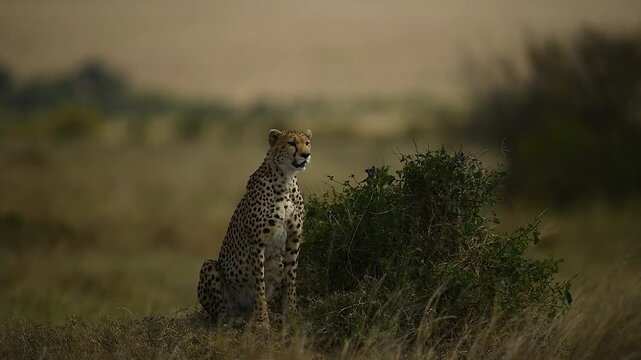 Solitary wild cheetah posing upright and standing tall and scanning the vast Maasai Mara plains.