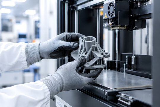 Engineer holding printed prototype part beside industrial 3D printer inside laboratory.