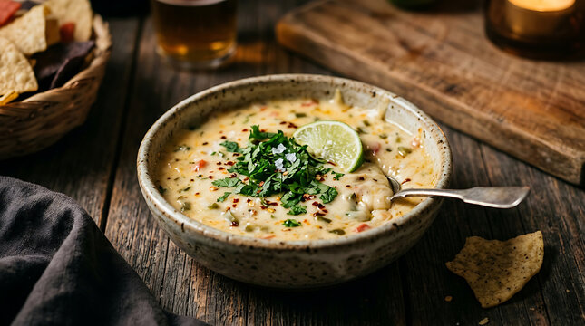 Creamy cheese dip topped with fresh cilantro and lime in a rustic bowl on a wooden table with tortilla chips