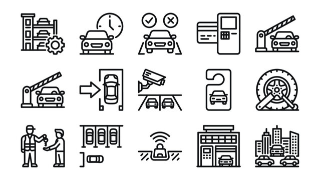Parking Service Icons: A collection of clean, modern line art icons representing various aspects of a parking service, including entry gates, payment systems, security cameras, and valet attendants.