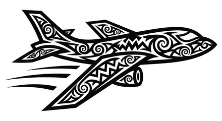 Tribal pattern depicts an airplane in a black and white vector illustration © Kawsar_Studio1998
