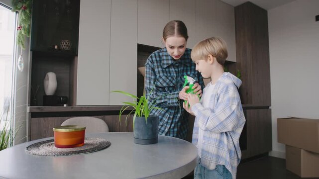 The mother and son are together at the kitchen table. They are caring for a plant while boxes are stacked in the background.