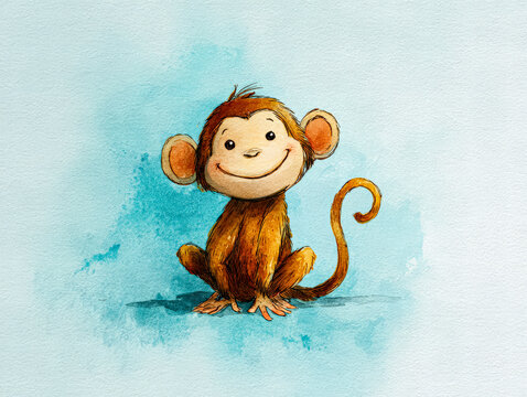 Charming illustration of a smiling monkey with a watercolor effect on a light blue background, showcasing playful and whimsical art.