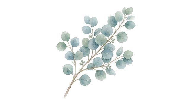 Watercolor painting of a green eucalyptus leaf branch isolated on transparent background