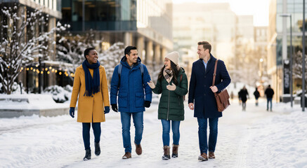 Fototapeta premium Group of four diverse friends walking and laughing on a snowy city sidewalk, winter urban street scene. Friendship, togetherness, lifestyle, travel.