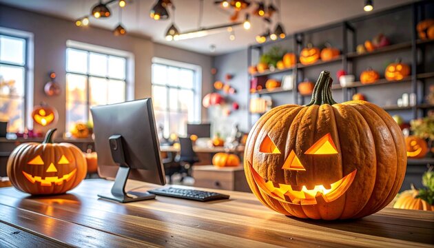 Workplace with modern computer and pumpkins in stylish office decorated for Halloween celebration
