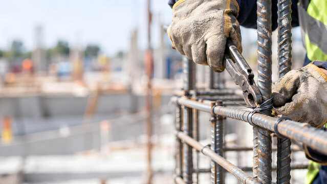 Construction worker tying steel rebar with pliers on outdoor building site.