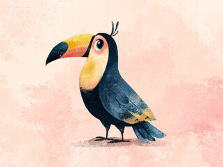 Fototapeta premium A vibrant illustration of a toucan with a large, colorful beak set against a soft pink background. The artwork features a playful and whimsical style, highlighting the bird's distinctive features.