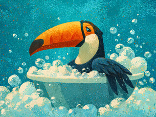 Fototapeta premium Illustration of a toucan relaxing in a bubble filled bathtub against a textured blue background, suggesting a whimsical and playful scene.