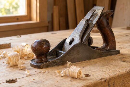 Hand plane and curled wood shavings on a workbench