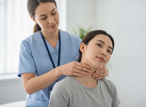 Professional female physiotherapist in blue scrubs treating a young Asian woman's neck and thyroid area during a medical examination in a bright clinic, concept of professional medical care and physic