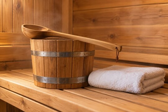 Wooden sauna bucket and ladle beside a folded towel