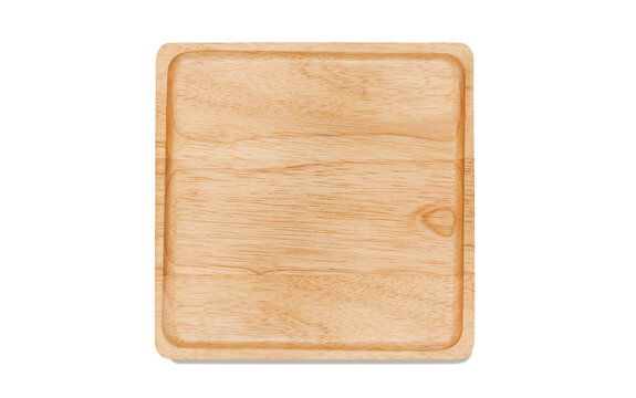 Top view of empty wooden plate on white background.