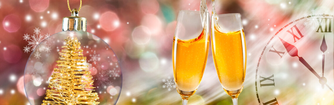 New Year celebration with champagne glasses, Christmas decorations, and clock showing time