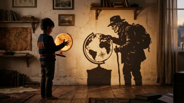 Child's imagination: boy with globe projects shadow of explorer on wall