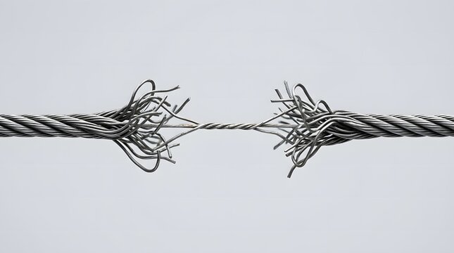 Fraying steel wire rope about to snap under extreme tension highlighting industrial structural weakness and hazardous equipment failure