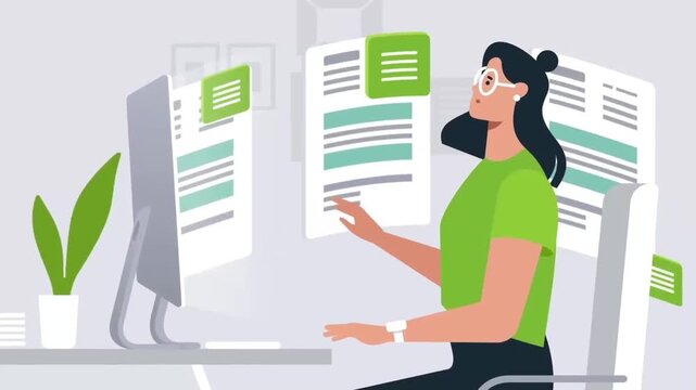Busy woman working in a modern office environment with floating digital documents in this smooth flat vector animation video clip