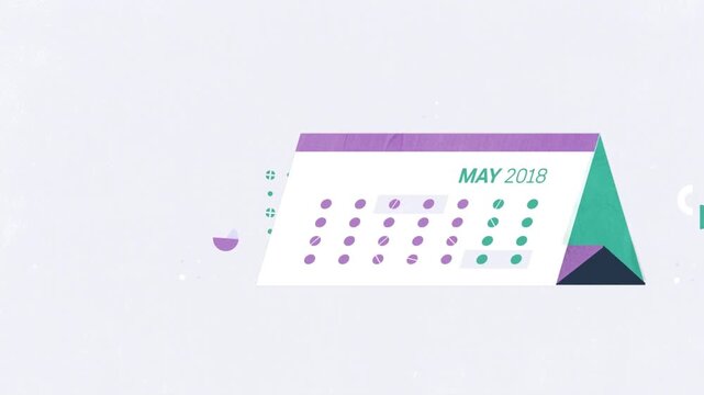 May 2018 desk calendar animation showing colorful dots highlighting specific dates in a clean modern motion graphics video clip style