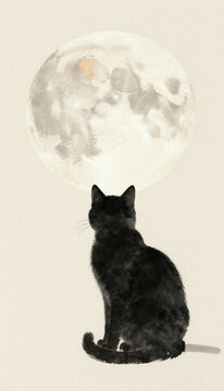 Black cat sitting before a giant full moon, minimalist sumi-e ink wash painting