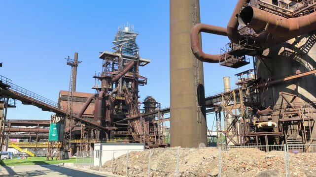 Historic ironworks with massive blast furnaces and pipelines at the Lower V&iacute;tkovice complex in Ostrava, Czechia.