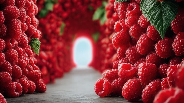 A vibrant tunnel of ripe raspberries and green leaves, with a bright opening at the far end.
An imaginative passageway of fresh raspberries that creates the effect of a fairytale tunnel.