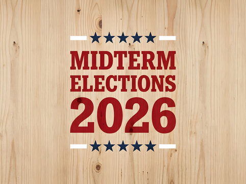 Midterm elections 2026 text graphic with stars on a light wood background