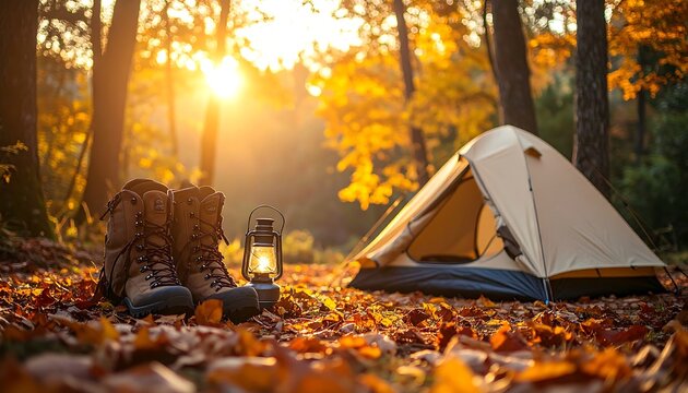 Autumn Camping Setup in Forest with Tent, Hiking Boots, and Vintage Lantern at Golden Hour Sunset