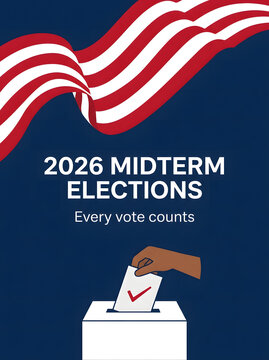 Hand casting a ballot into a box with a US flag for 2026 midterm elections