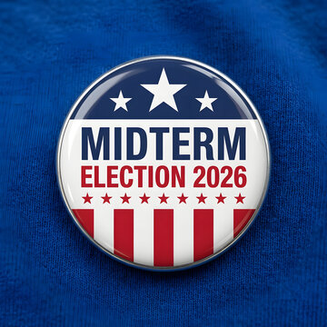 Midterm election 2026 button pin with American flag design on blue fabric