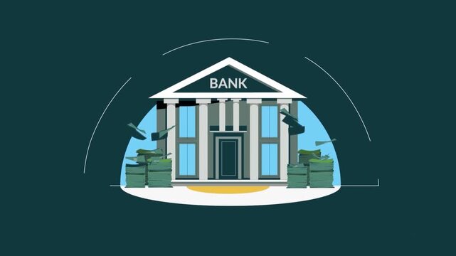 Animated bank building with rising stacks of cash and paper flying in this dynamic financial concept motion graphic video loop