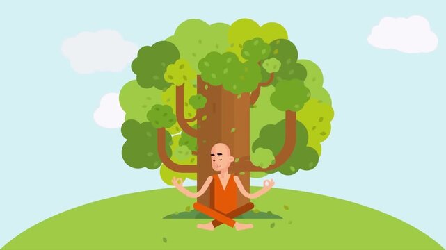 Buddhist monk meditating in peaceful lotus position under large green tree animation vector motion clip for calming spiritual wellness video