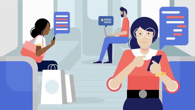 People using digital devices inside subway train travel animation footage featuring flat minimalist vector style graphic communication and remote work