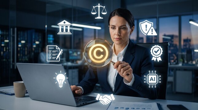 Digital copyright and intellectual property protection concept with businesswoman examining copyright symbol using magnifying glass and legal, patent, licensing and AI technology icons