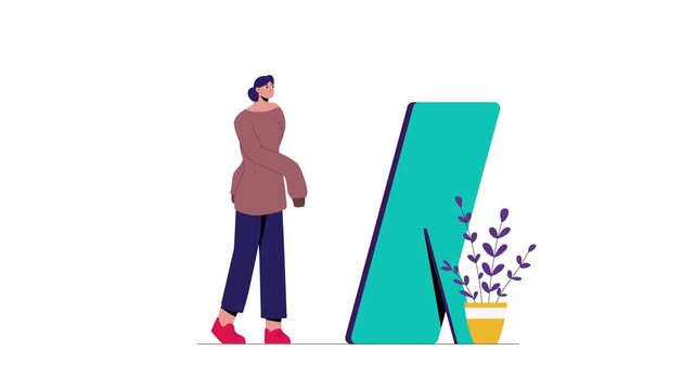 Woman looking at her own reflection in a large floor mirror for a stylish outfit animation video footage motion clip