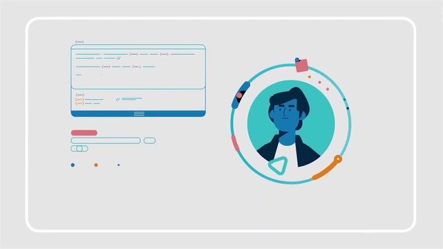 Programmer working on digital software development tasks within a sleek minimalist user interface animation motion graphic clip for modern websites