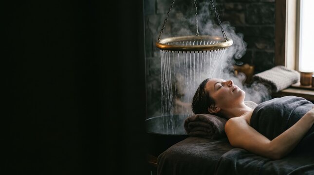 Woman receiving water halo therapy during a japanese head spa treatment. Warm mist surrounds the client in a serene wellness center environment.