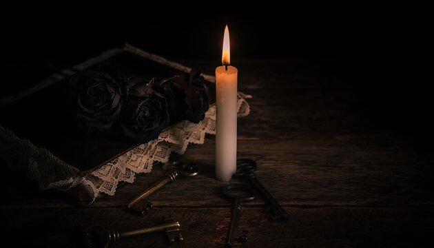 Burning Candle with Antique Keys and Black Roses on Vintage Book in Dark Gothic Still Life