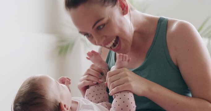 Yoga, tickle and feet with woman and baby for health, bonding and maternal connection. Support, pilates balance and love with mother and child in studio for motherhood, relax and family care