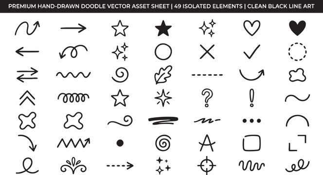 A delightful collection of hand drawn doodles showcasing whimsical shapes and symbols in a black and white aesthetic