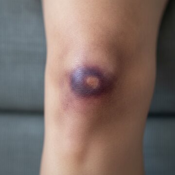 Close up of a large purple and blue bruise on a human knee after a fall or injury, showing skin trauma and hematoma, concept of physical injury and trauma recovery