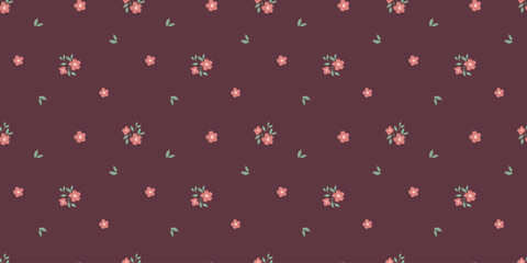 Obraz premium Seamless pattern with cute tiny flowers. Vector ditsy print for wallpaper, and fabric, little blossom and leaves on dark red background