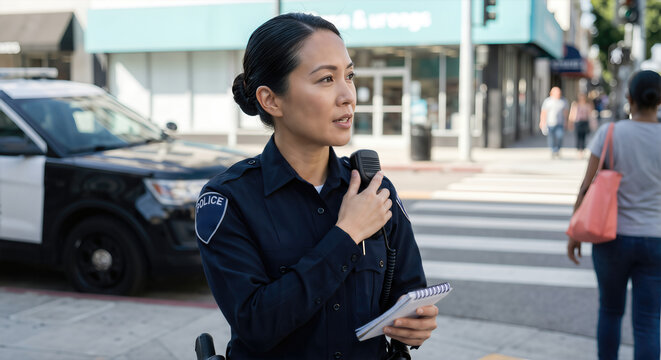 Female Police Officer Coordinates by Radio and Takes Notes