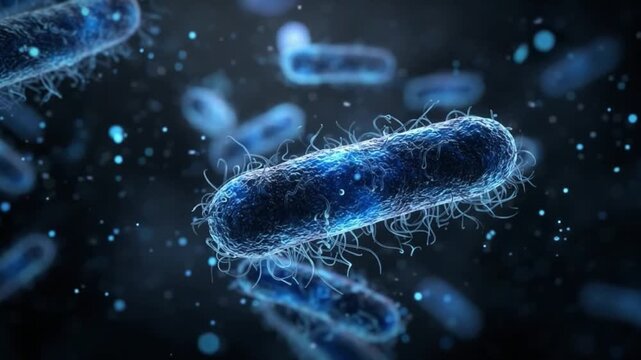 Bacterial Microorganism Microscopic View: A highly detailed 3D render showcases numerous rod-shaped bacteria, some with visible flagella, floating in a dark, fluid environment.