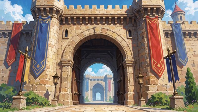 Digital illustration medieval castle gate made stone has large archway center flanked towers either side have