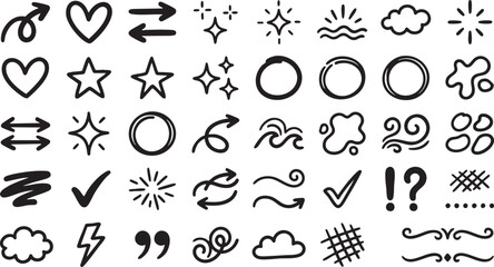Fototapeta premium Set of hand drawn various doodles featuring arrows stars hearts and decorative elements on white background isolated