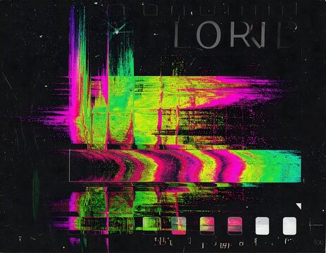 Neon Glitch Abstract Distortion Texture with Vibrant Colors and Dark Grunge Frame