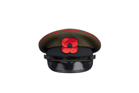 Black Peaked Cap Decorated with Red Poppy Flower